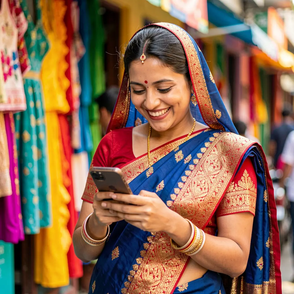 Confident Bangladeshi woman smiling while using the GV888 mobile casino app on her smartphone in a vibrant urban setting