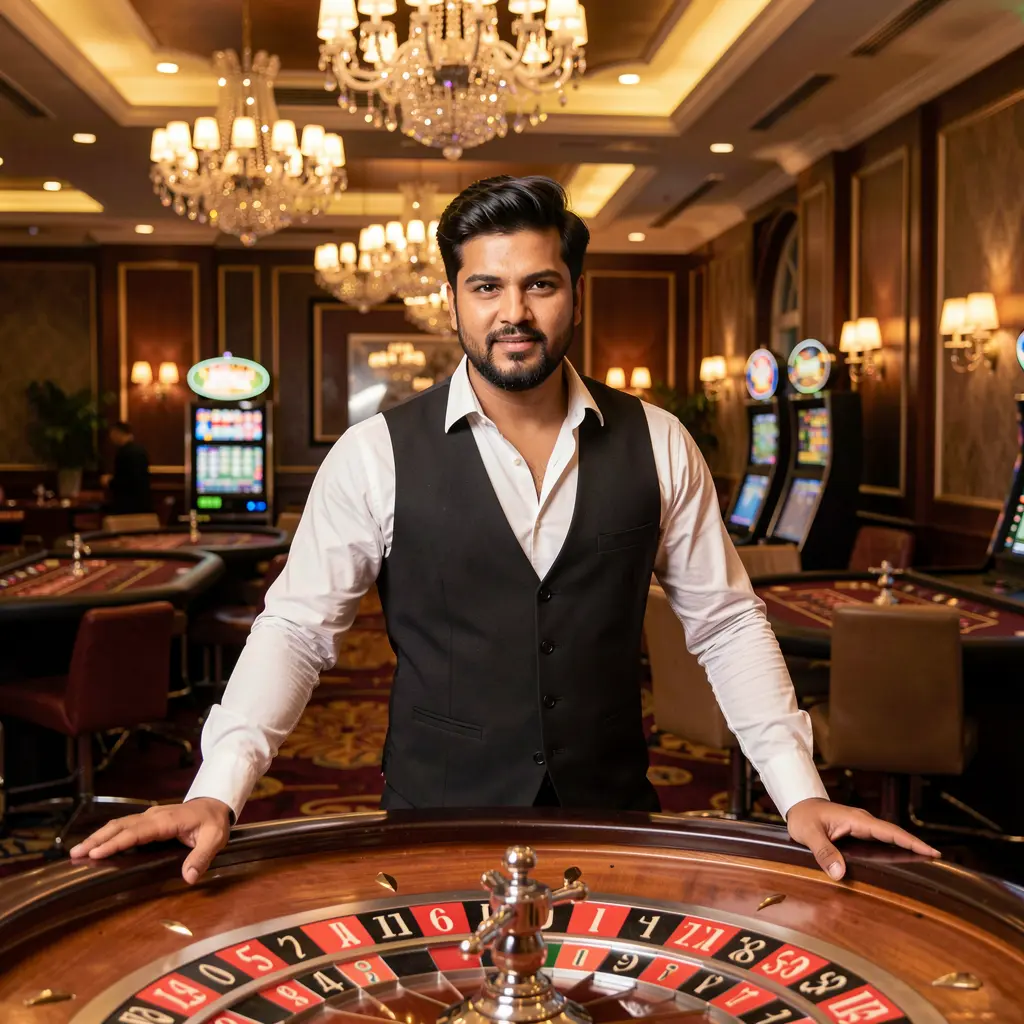 Professional casino dealer standing at a modern roulette table with vibrant lights representing the high quality live casino experience at GV888 for players in Bangladesh