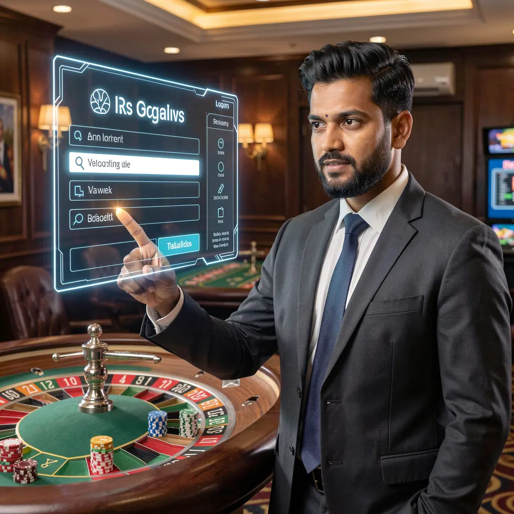 Elegant Bangladeshi casino dealer pointing at a glowing holographic login panel above a roulette table at GV888